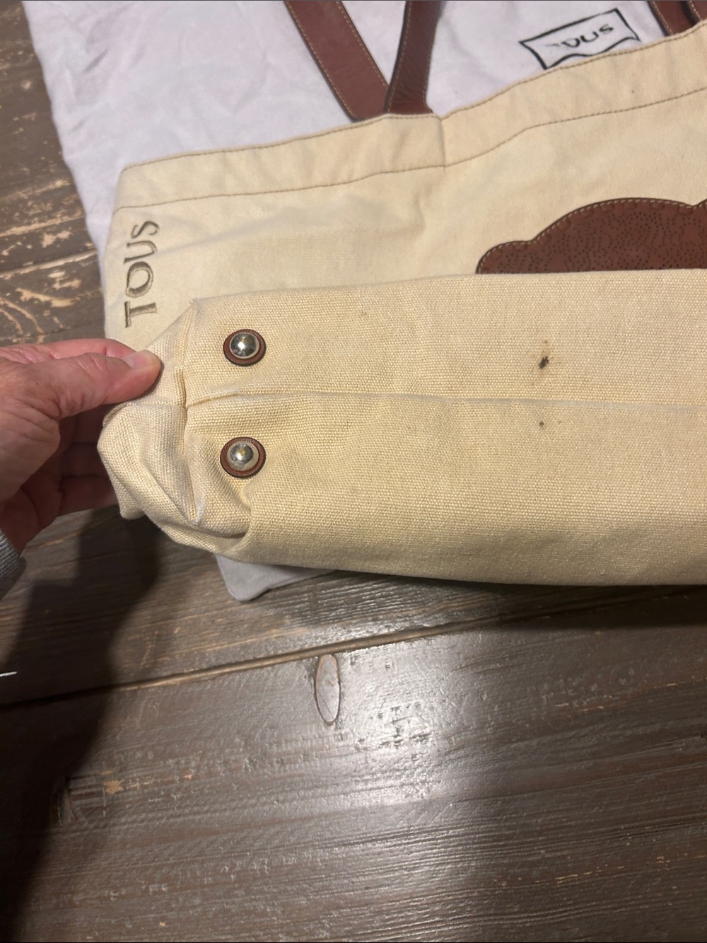 TOUS Cream Canvas Tote with Brown Leather Bear Appliqué - Picture 3 of 14